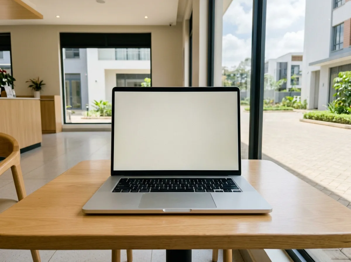 A laptop on a bright table; the audit page on its screen
