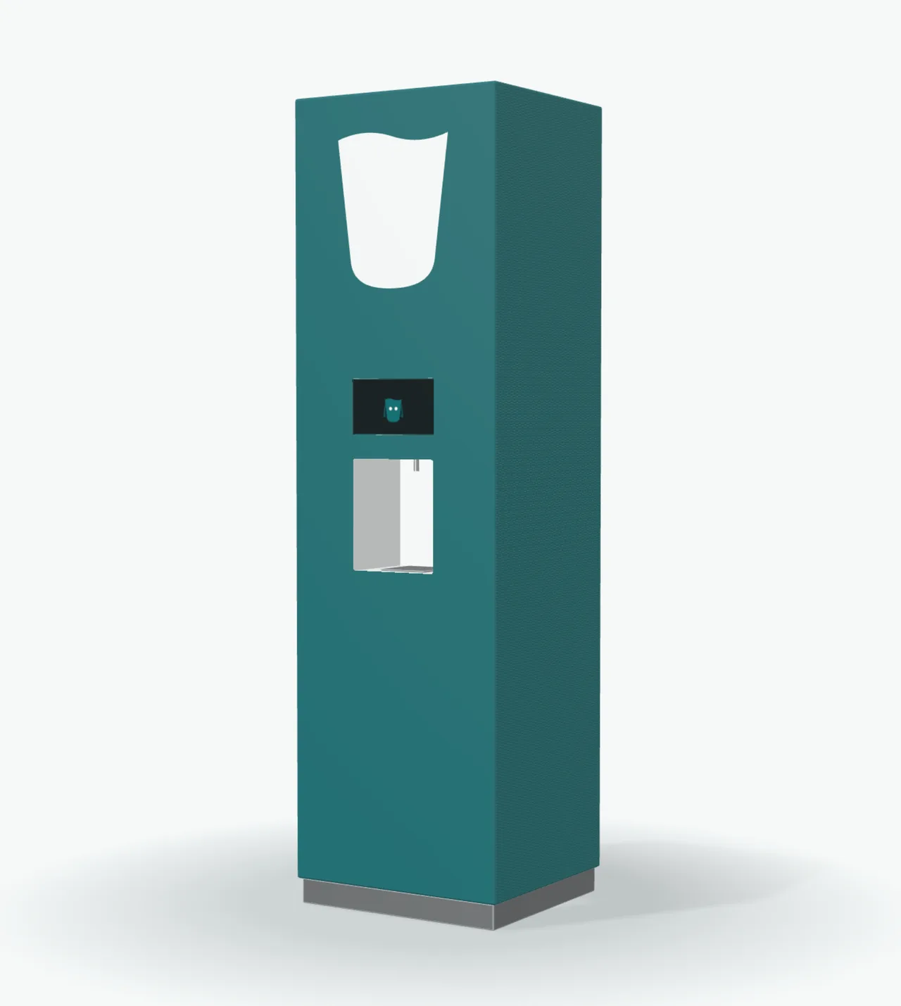 The machine: a tall teal cabinet with a small screen and a cup-sized opening, on a steel base